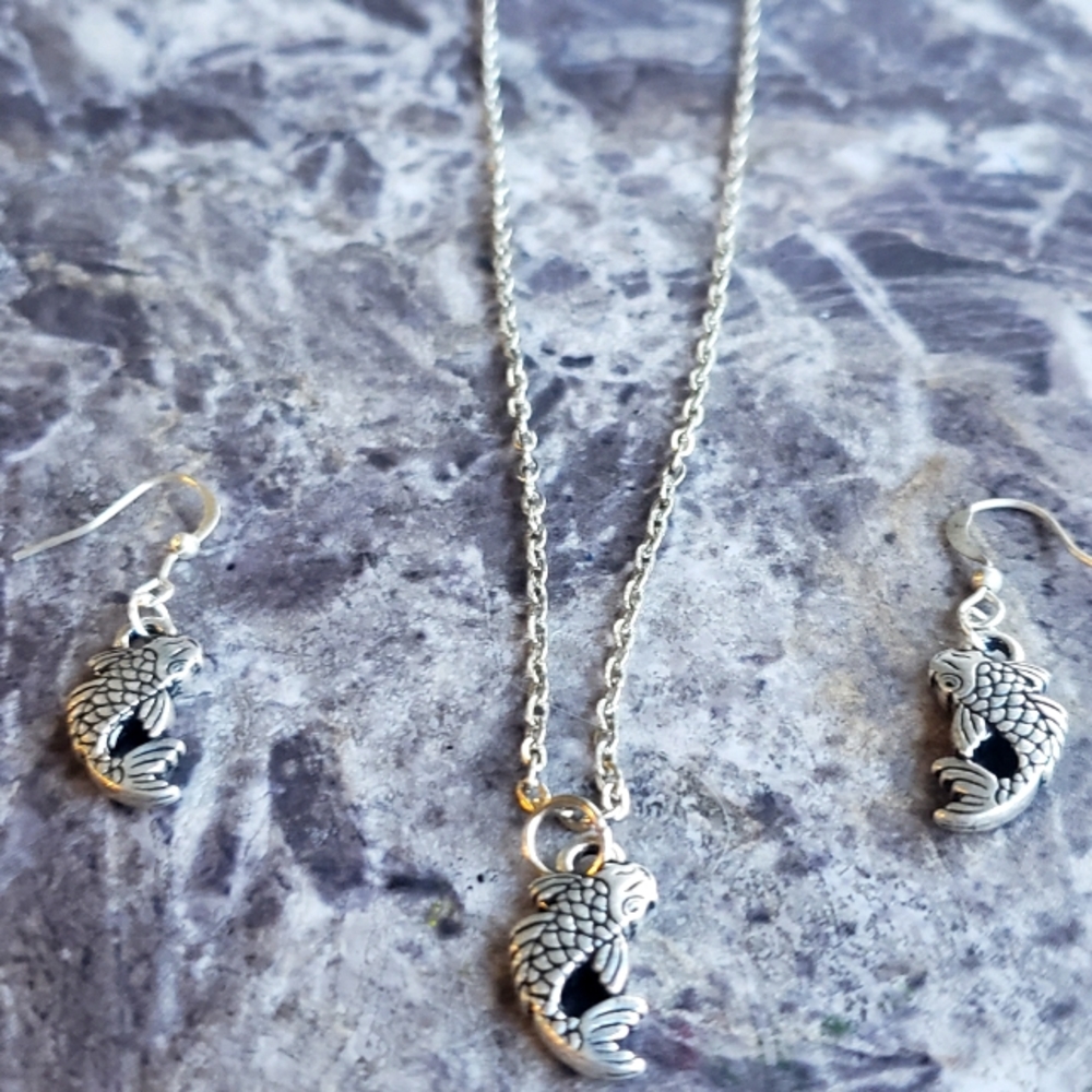 Tattoo style koi fish necklace and earring set rockabilly style punk rock goth